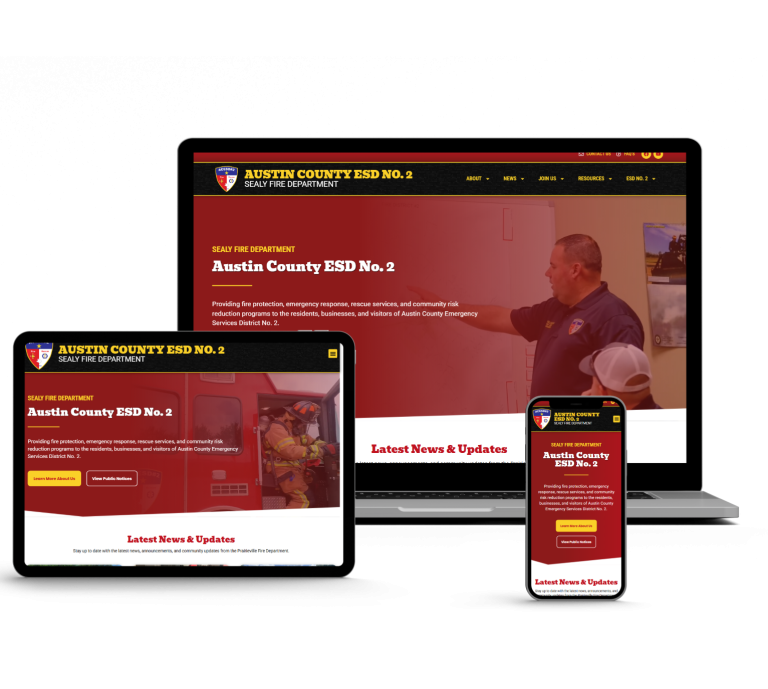 A responsive website for Austin County ESD No. 2 Sealy Fire Department is displayed on a laptop, tablet, and smartphone, showing the homepage with the department's logo, news updates, and a photo of a firefighter.